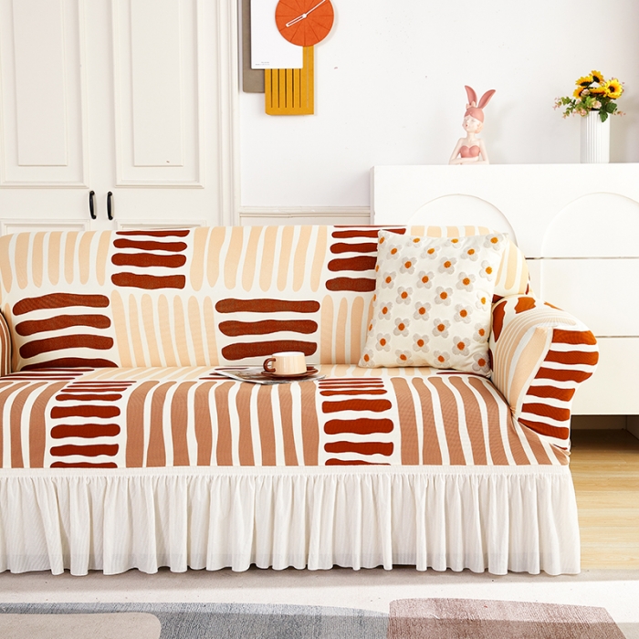 91家纺网 家纺一手货源 找家纺 丝绮鹿 2023新款针织柔肤格沙发套（裙边款） 米咖条纹