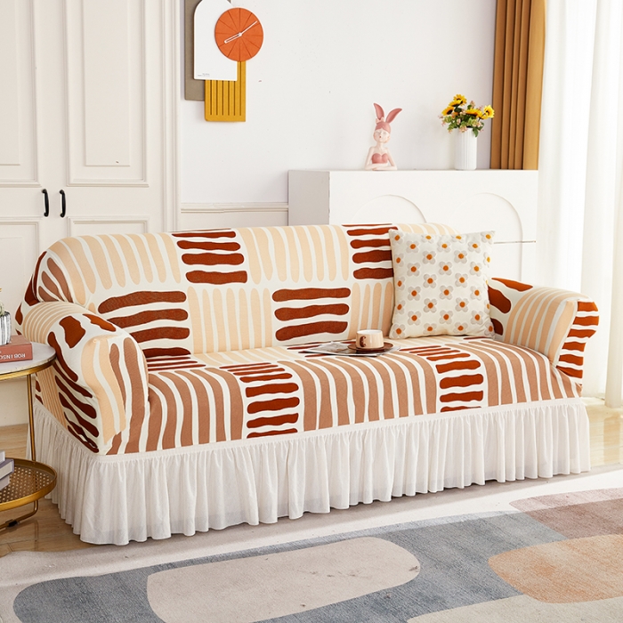 91家纺网 家纺一手货源 找家纺 丝绮鹿 2023新款针织柔肤格沙发套（裙边款） 米咖条纹