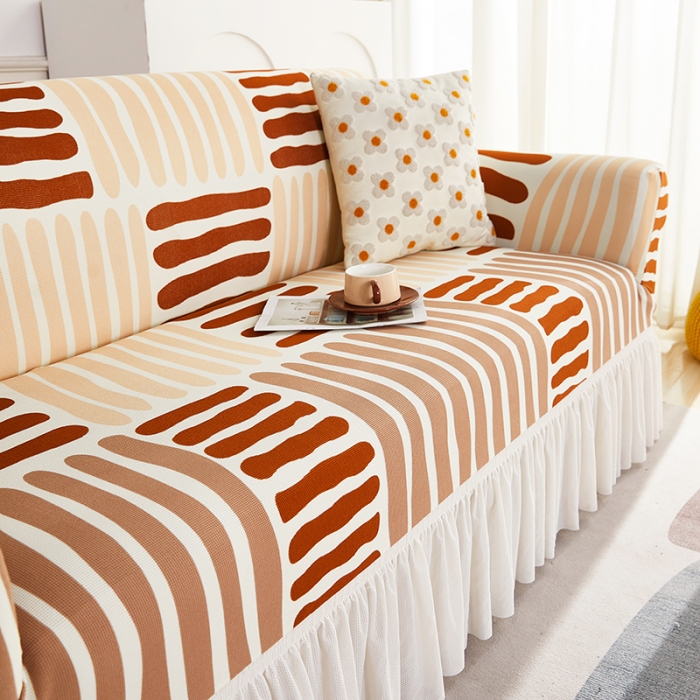 91家纺网 家纺一手货源 找家纺 丝绮鹿 2023新款针织柔肤格沙发套（裙边款） 米咖条纹