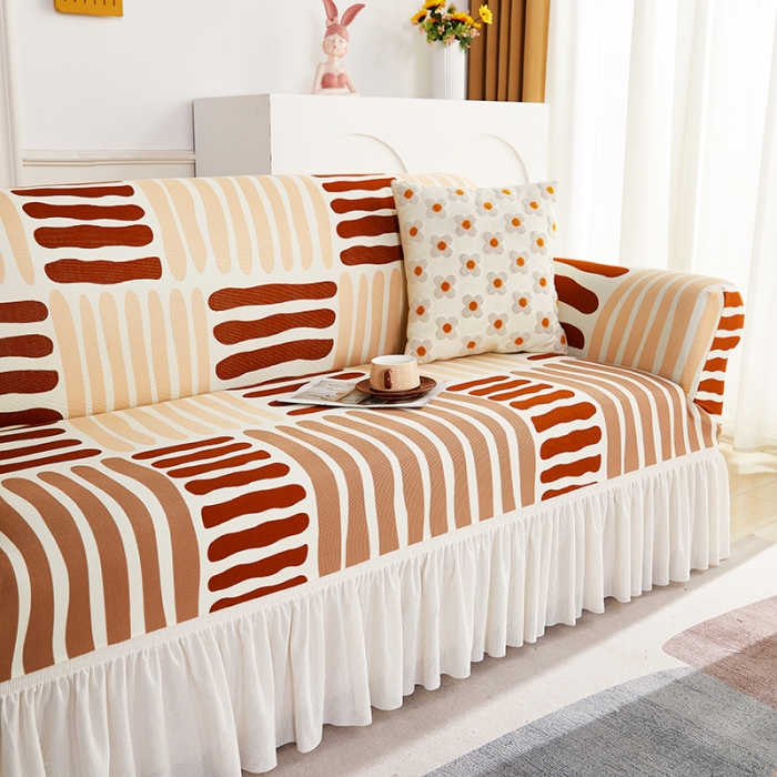 91家纺网 家纺一手货源 找家纺 丝绮鹿 2023新款针织柔肤格沙发套（裙边款） 米咖条纹