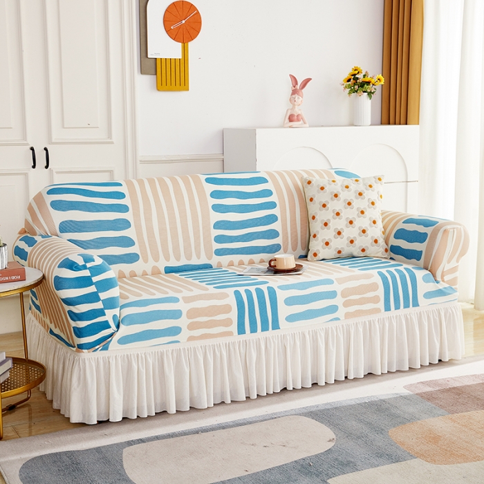 91家纺网 家纺一手货源 找家纺 丝绮鹿 2023新款针织柔肤格沙发套（裙边款） 米兰条纹