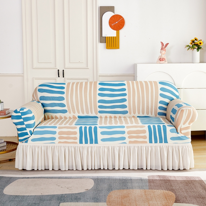 91家纺网 家纺一手货源 找家纺 丝绮鹿 2023新款针织柔肤格沙发套（裙边款） 米兰条纹