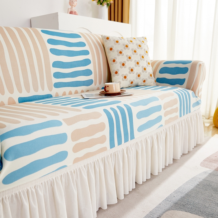 91家纺网 家纺一手货源 找家纺 丝绮鹿 2023新款针织柔肤格沙发套（裙边款） 米兰条纹