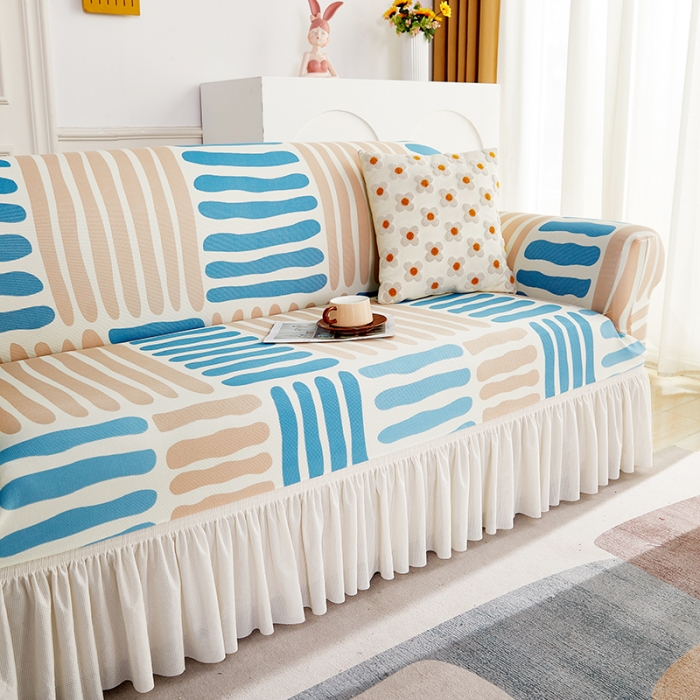 91家纺网 家纺一手货源 找家纺 丝绮鹿 2023新款针织柔肤格沙发套（裙边款） 米兰条纹