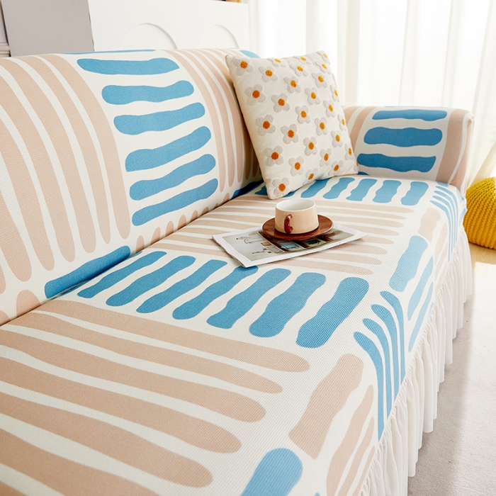 91家纺网 家纺一手货源 找家纺 丝绮鹿 2023新款针织柔肤格沙发套（裙边款） 米兰条纹