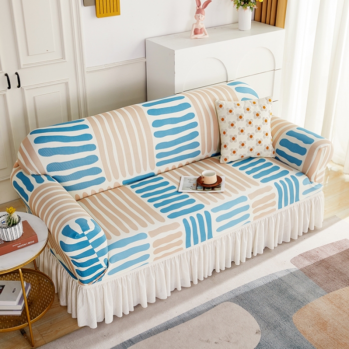 91家纺网 家纺一手货源 找家纺 丝绮鹿 2023新款针织柔肤格沙发套（裙边款） 米兰条纹