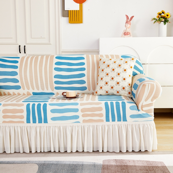 91家纺网 家纺一手货源 找家纺 丝绮鹿 2023新款针织柔肤格沙发套（裙边款） 米兰条纹