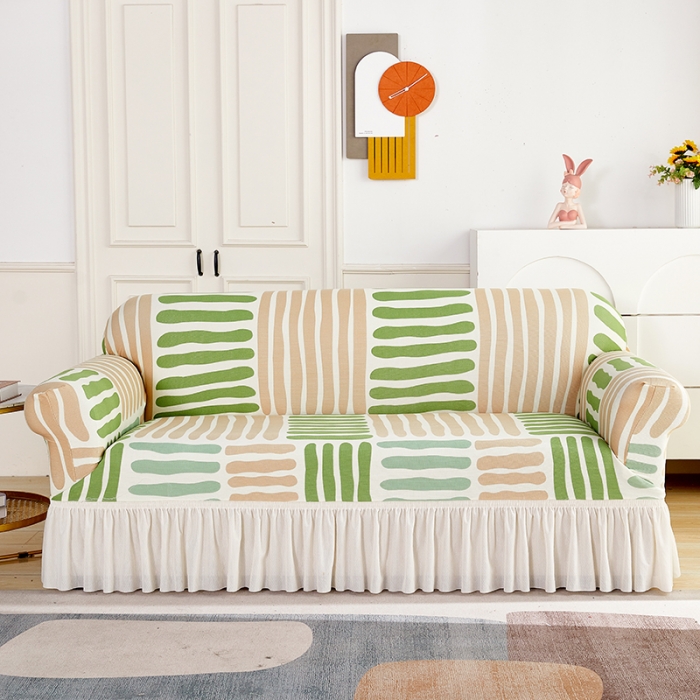 91家纺网 家纺一手货源 找家纺 丝绮鹿 2023新款针织柔肤格沙发套（裙边款） 米绿条纹