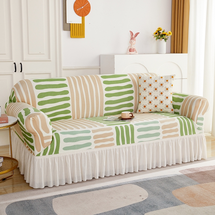 91家纺网 家纺一手货源 找家纺 丝绮鹿 2023新款针织柔肤格沙发套（裙边款） 米绿条纹