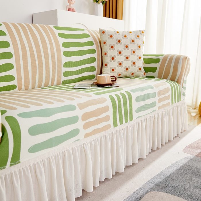 91家纺网 家纺一手货源 找家纺 丝绮鹿 2023新款针织柔肤格沙发套（裙边款） 米绿条纹