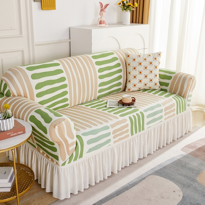 91家纺网 家纺一手货源 找家纺 丝绮鹿 2023新款针织柔肤格沙发套（裙边款） 米绿条纹