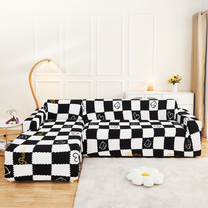 91家纺网 家纺一手货源 找家纺 丝绮鹿2023针织柔肤格贵妃沙发套松紧款 买一个沙发套默认送一个抱枕套 黑白格