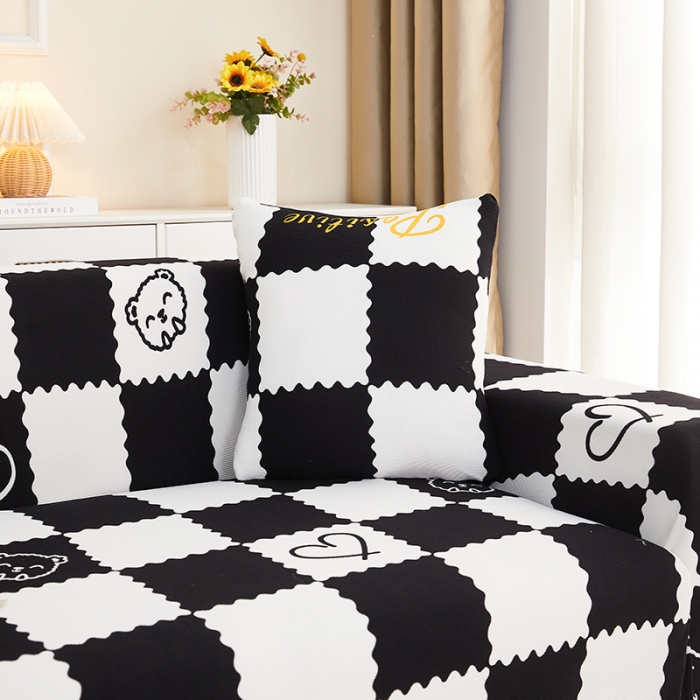 91家纺网 家纺一手货源 找家纺 丝绮鹿2023针织柔肤格贵妃沙发套松紧款 买一个沙发套默认送一个抱枕套 黑白格