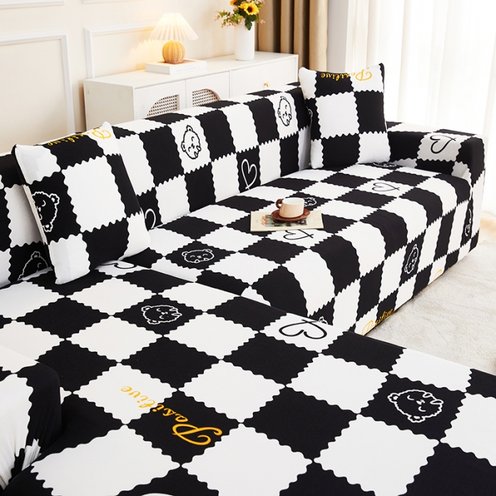 91家纺网 家纺一手货源 找家纺 丝绮鹿2023针织柔肤格贵妃沙发套松紧款 买一个沙发套默认送一个抱枕套 黑白格