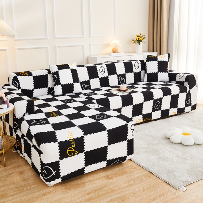 91家纺网 家纺一手货源 找家纺 丝绮鹿2023针织柔肤格贵妃沙发套松紧款 买一个沙发套默认送一个抱枕套 黑白格