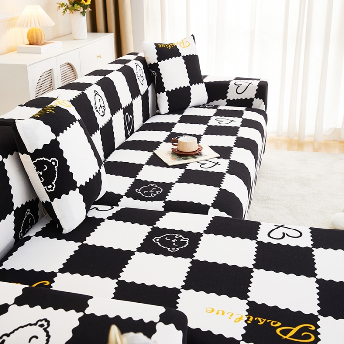 91家纺网 家纺一手货源 找家纺 丝绮鹿2023针织柔肤格贵妃沙发套松紧款 买一个沙发套默认送一个抱枕套 黑白格