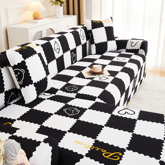 91家纺网 家纺一手货源 找家纺 丝绮鹿2023针织柔肤格贵妃沙发套松紧款 买一个沙发套默认送一个抱枕套 黑白格