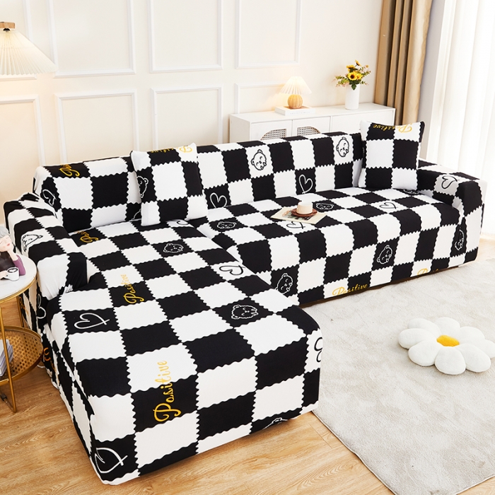 91家纺网 家纺一手货源 找家纺 丝绮鹿2023针织柔肤格贵妃沙发套松紧款 买一个沙发套默认送一个抱枕套 黑白格