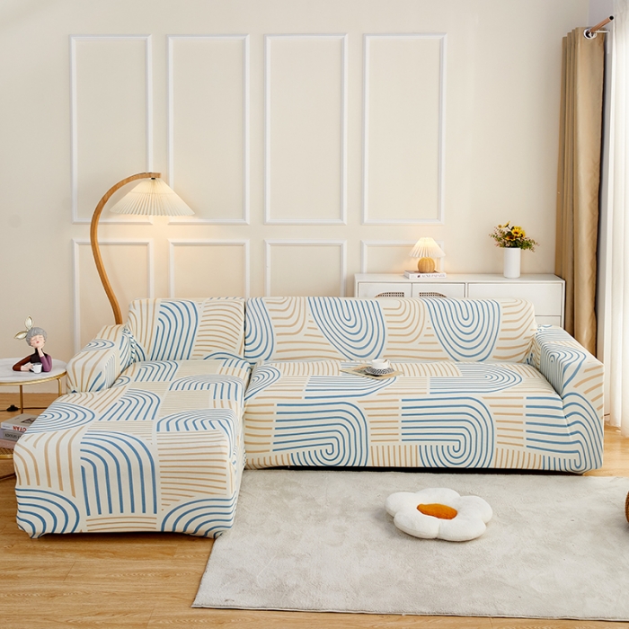 91家纺网 家纺一手货源 找家纺 丝绮鹿2023针织柔肤格贵妃沙发套松紧款 买一个沙发套默认送一个抱枕套 几何-蓝