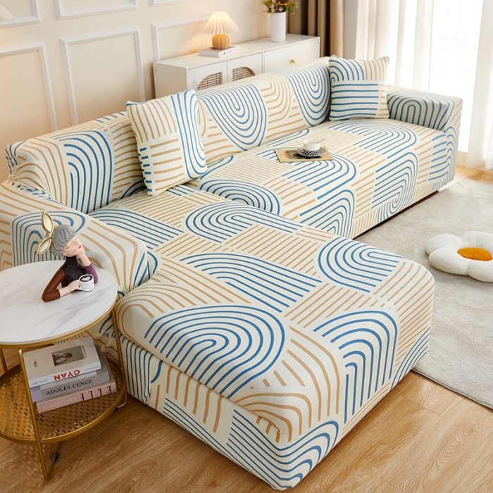 91家纺网 家纺一手货源 找家纺 丝绮鹿2023针织柔肤格贵妃沙发套松紧款 买一个沙发套默认送一个抱枕套 几何-蓝