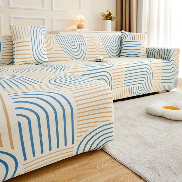 91家纺网 家纺一手货源 找家纺 丝绮鹿2023针织柔肤格贵妃沙发套松紧款 买一个沙发套默认送一个抱枕套 几何-蓝