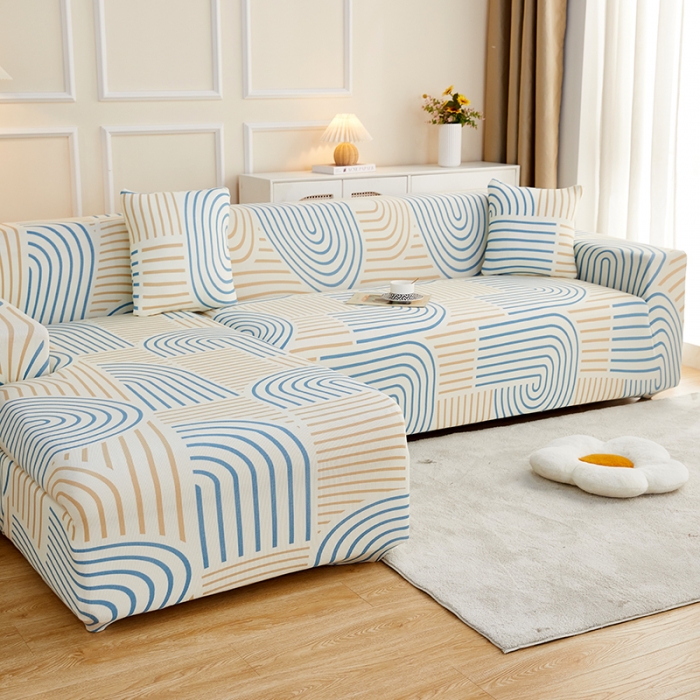 91家纺网 家纺一手货源 找家纺 丝绮鹿2023针织柔肤格贵妃沙发套松紧款 买一个沙发套默认送一个抱枕套 几何-蓝