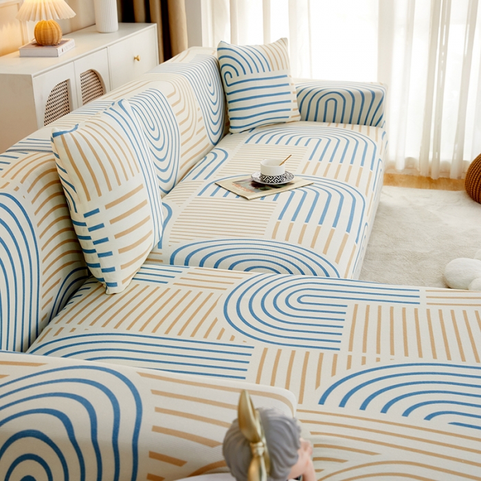 91家纺网 家纺一手货源 找家纺 丝绮鹿2023针织柔肤格贵妃沙发套松紧款 买一个沙发套默认送一个抱枕套 几何-蓝