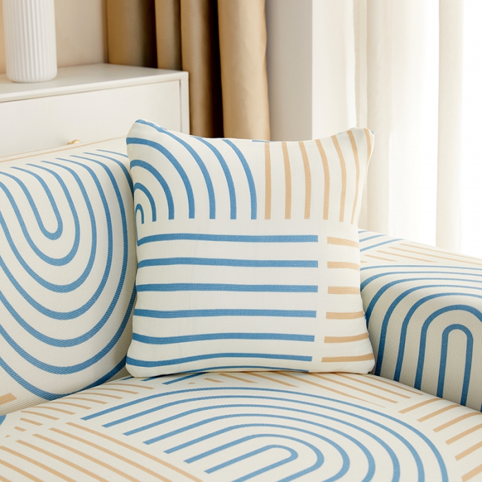 91家纺网 家纺一手货源 找家纺 丝绮鹿2023针织柔肤格贵妃沙发套松紧款 买一个沙发套默认送一个抱枕套 几何-蓝