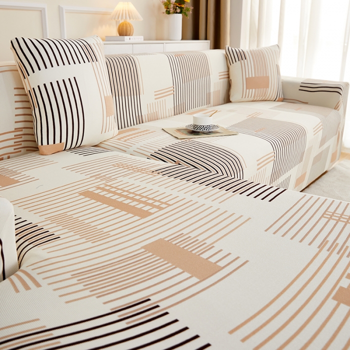 91家纺网 家纺一手货源 找家纺 丝绮鹿2023针织柔肤格贵妃沙发套松紧款 买一个沙发套默认送一个抱枕套 简素线条-黑