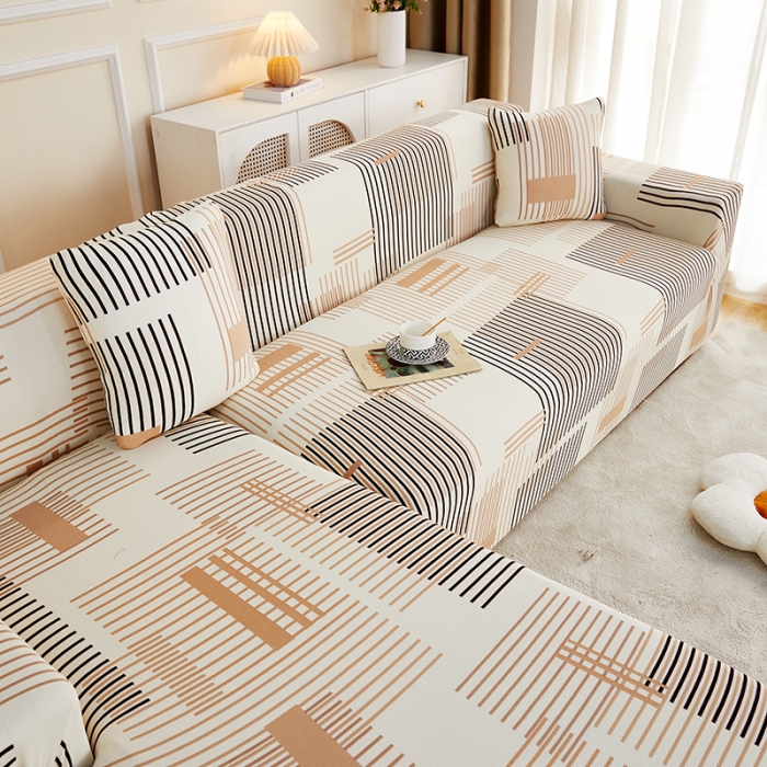 91家纺网 家纺一手货源 找家纺 丝绮鹿2023针织柔肤格贵妃沙发套松紧款 买一个沙发套默认送一个抱枕套 简素线条-黑