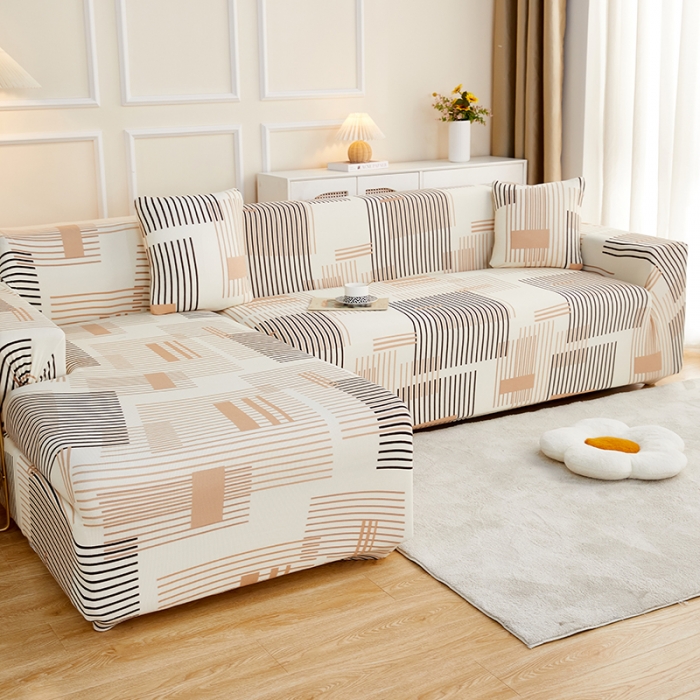 91家纺网 家纺一手货源 找家纺 丝绮鹿2023针织柔肤格贵妃沙发套松紧款 买一个沙发套默认送一个抱枕套 简素线条-黑