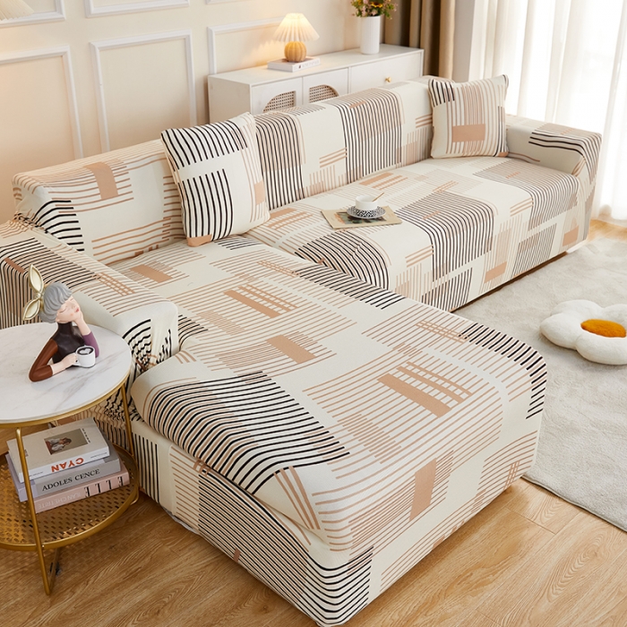 91家纺网 家纺一手货源 找家纺 丝绮鹿2023针织柔肤格贵妃沙发套松紧款 买一个沙发套默认送一个抱枕套 简素线条-黑