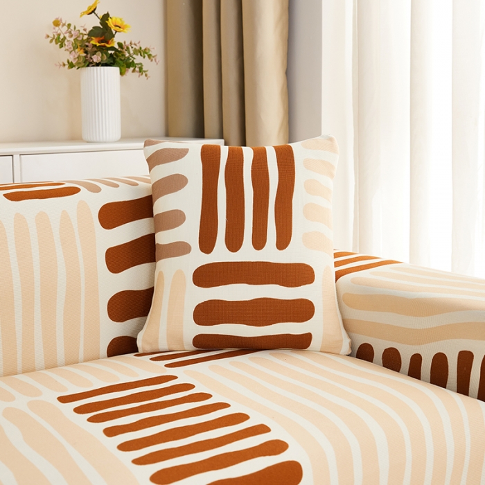 91家纺网 家纺一手货源 找家纺 丝绮鹿2023针织柔肤格贵妃沙发套松紧款 买一个沙发套默认送一个抱枕套 米咖条纹