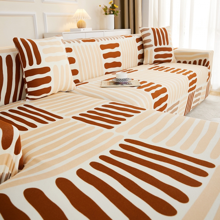 91家纺网 家纺一手货源 找家纺 丝绮鹿2023针织柔肤格贵妃沙发套松紧款 买一个沙发套默认送一个抱枕套 米咖条纹