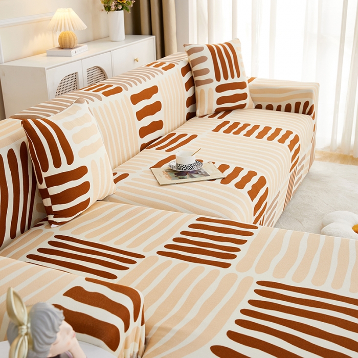 91家纺网 家纺一手货源 找家纺 丝绮鹿2023针织柔肤格贵妃沙发套松紧款 买一个沙发套默认送一个抱枕套 米咖条纹