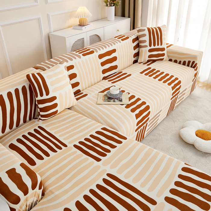 91家纺网 家纺一手货源 找家纺 丝绮鹿2023针织柔肤格贵妃沙发套松紧款 买一个沙发套默认送一个抱枕套 米咖条纹