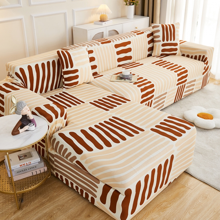 91家纺网 家纺一手货源 找家纺 丝绮鹿2023针织柔肤格贵妃沙发套松紧款 买一个沙发套默认送一个抱枕套 米咖条纹