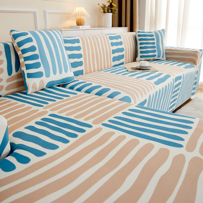 91家纺网 家纺一手货源 找家纺 丝绮鹿2023针织柔肤格贵妃沙发套松紧款 买一个沙发套默认送一个抱枕套 米兰条纹