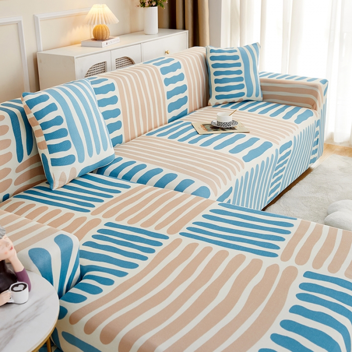 91家纺网 家纺一手货源 找家纺 丝绮鹿2023针织柔肤格贵妃沙发套松紧款 买一个沙发套默认送一个抱枕套 米兰条纹