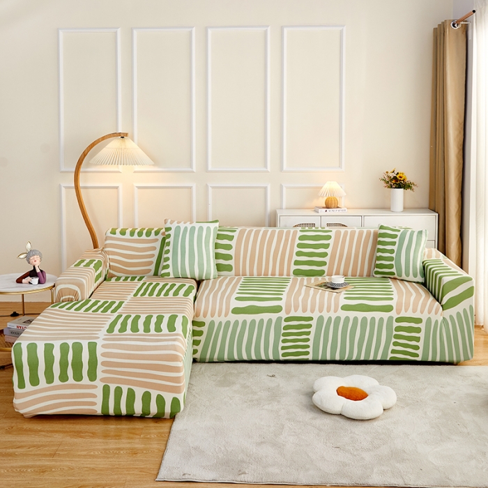 91家纺网 家纺一手货源 找家纺 丝绮鹿2023针织柔肤格贵妃沙发套松紧款 买一个沙发套默认送一个抱枕套 米绿条纹