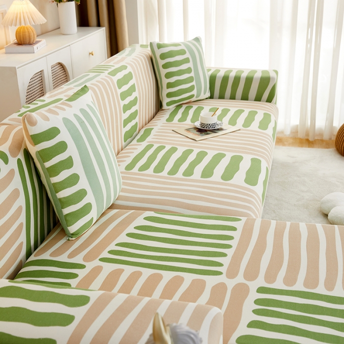 91家纺网 家纺一手货源 找家纺 丝绮鹿2023针织柔肤格贵妃沙发套松紧款 买一个沙发套默认送一个抱枕套 米绿条纹