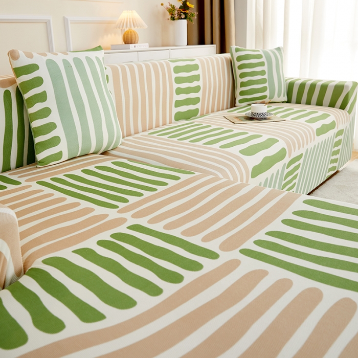 91家纺网 家纺一手货源 找家纺 丝绮鹿2023针织柔肤格贵妃沙发套松紧款 买一个沙发套默认送一个抱枕套 米绿条纹