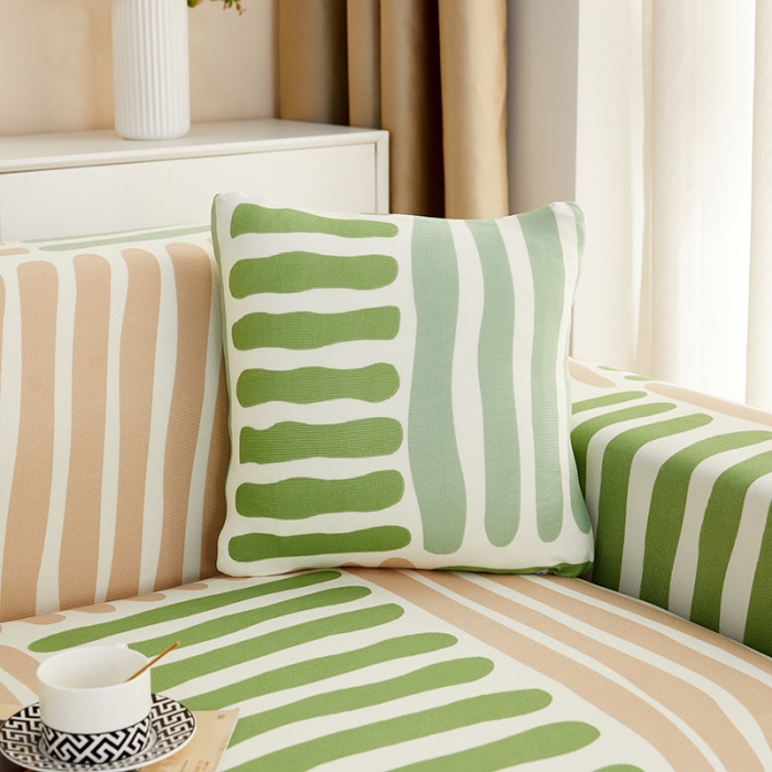 91家纺网 家纺一手货源 找家纺 丝绮鹿2023针织柔肤格贵妃沙发套松紧款 买一个沙发套默认送一个抱枕套 米绿条纹