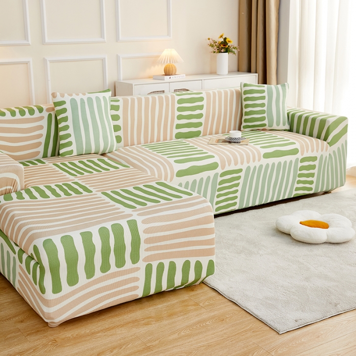 91家纺网 家纺一手货源 找家纺 丝绮鹿2023针织柔肤格贵妃沙发套松紧款 买一个沙发套默认送一个抱枕套 米绿条纹