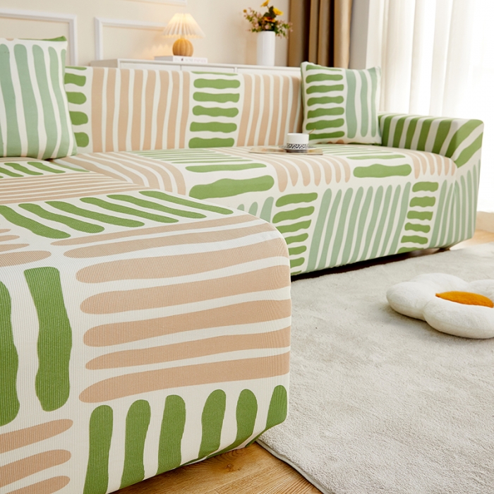 91家纺网 家纺一手货源 找家纺 丝绮鹿2023针织柔肤格贵妃沙发套松紧款 买一个沙发套默认送一个抱枕套 米绿条纹