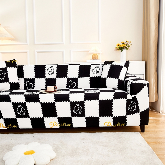 91家纺网 家纺一手货源 找家纺 丝绮鹿2023针织柔肤格三人沙发套松紧款 买一个沙发套默认送一个抱枕套 黑白格