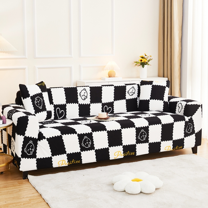 91家纺网 家纺一手货源 找家纺 丝绮鹿2023针织柔肤格三人沙发套松紧款 买一个沙发套默认送一个抱枕套 黑白格