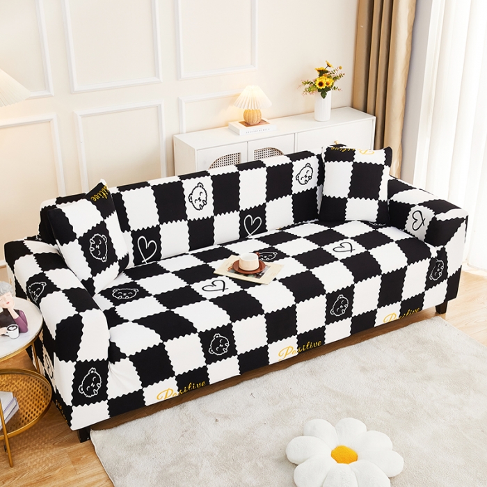 91家纺网 家纺一手货源 找家纺 丝绮鹿2023针织柔肤格三人沙发套松紧款 买一个沙发套默认送一个抱枕套 黑白格