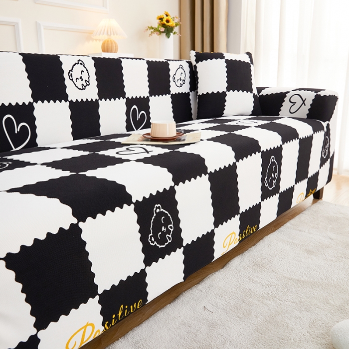 91家纺网 家纺一手货源 找家纺 丝绮鹿2023针织柔肤格三人沙发套松紧款 买一个沙发套默认送一个抱枕套 黑白格