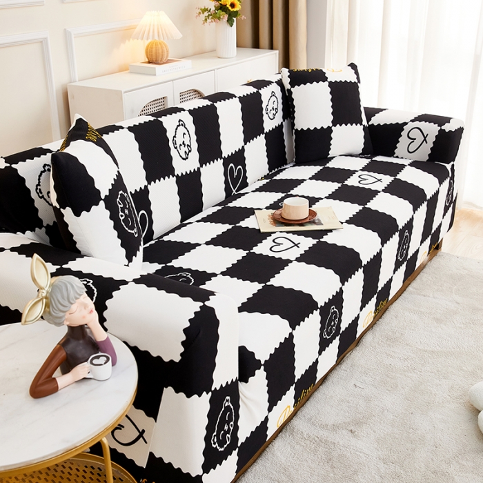 91家纺网 家纺一手货源 找家纺 丝绮鹿2023针织柔肤格三人沙发套松紧款 买一个沙发套默认送一个抱枕套 黑白格